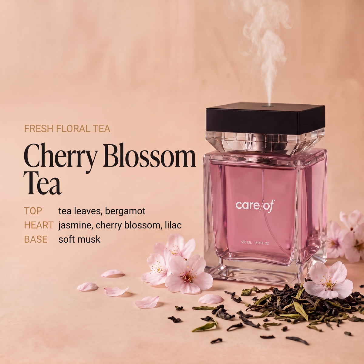 Cherry Blossom Tea: tea leaves, bergamot / jasmine, cherry blossom, lilac / soft musk